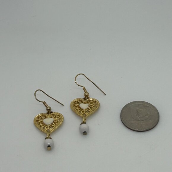 Vintage Gold-Tone Heart Drop Earrings With White Accents & Filigree Design - Picture 5 of 16